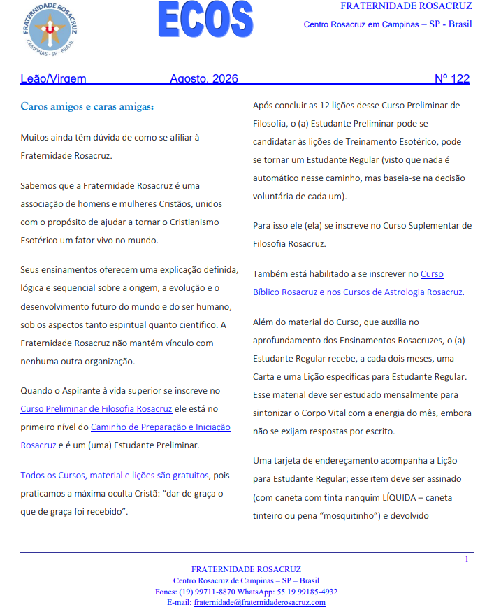 ECOS1 Ecos da Fraternidade Rosacruz em Campinas – SP – Brasil – Julho de 2026