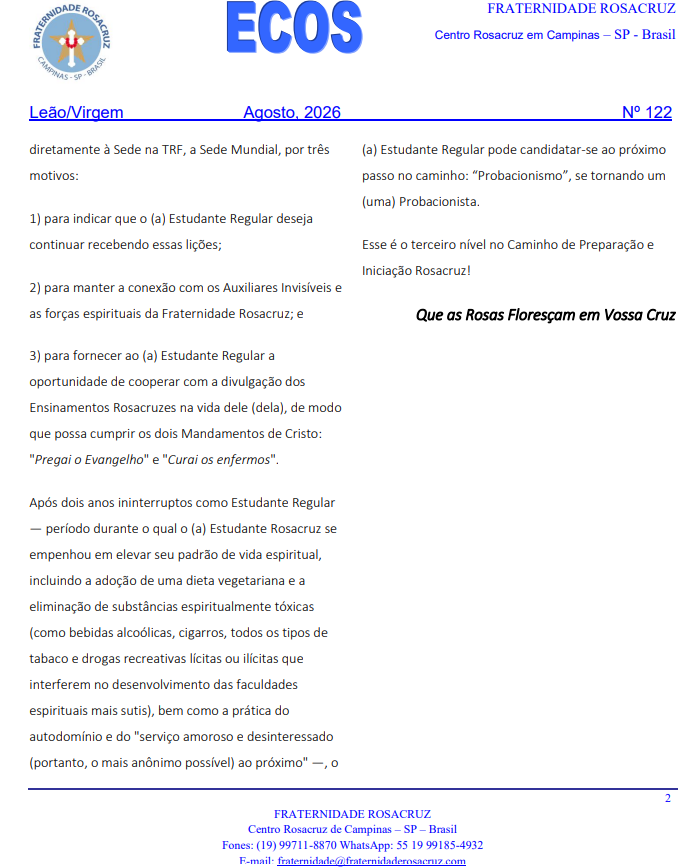 ECOS2 Ecos da Fraternidade Rosacruz em Campinas – SP – Brasil – Julho de 2026